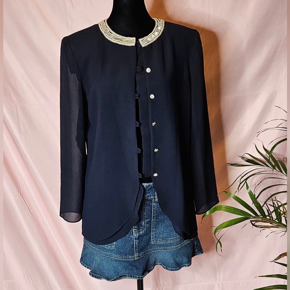 Vintage 2-Layer Illusion Navy Blazer | Beaded Collar & Rhinestone Buttons